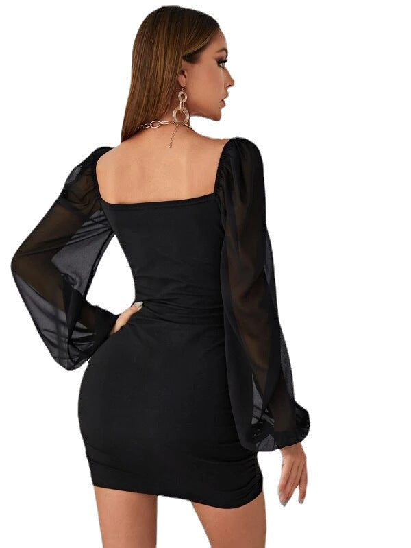 Autumn slim fit shopping for solid color temperament, commuter wrap short skirt, high-waisted black Japanese slim dress