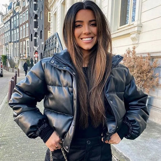 2023 Winter Thick Warm PU Leather Coats Women Short Parkas Female Fashion Elegant Zipper Black Cotton Padded Down Jacket Lady